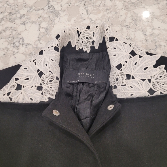 Zara Black Overcoat Jacket with White Lace Accents Women's XSmall - Picture 4 of 11